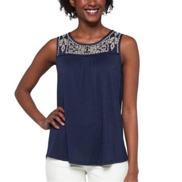 Stitch Fix Skies are Blue Traleven Embroidered Yoke Knit Top Womens Large Navy - Picture 1 of 7